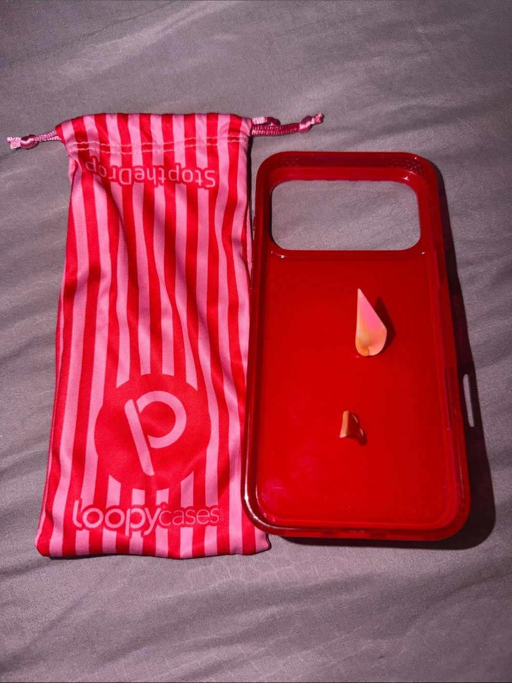 NEW iPhone 17 pro max red and pink striped loopy case with drawstring pouch